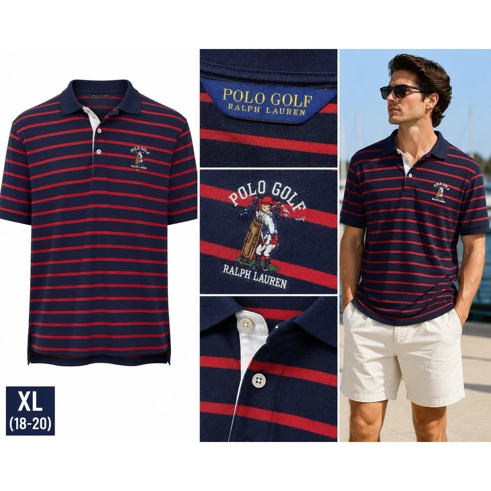 Polo Golf Ralph Lauren Mens XL Red Blue Striped Polo Shinning Rock Logo Preppy